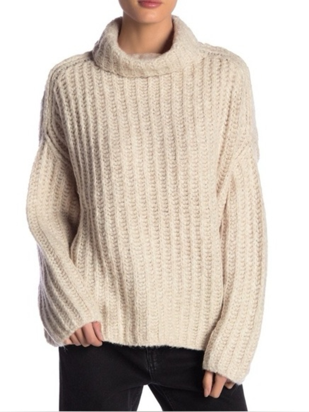 Free People Cozy Cream Ribbed Turtleneck Sweater